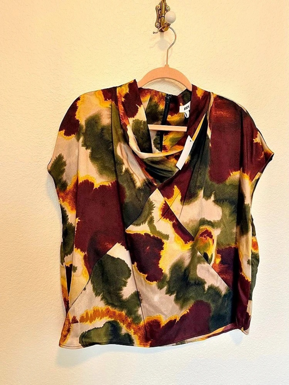 DKNY Ink Diffuse Cowl Neck Blouse Brown & Green Large